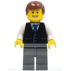 twn108 Black Vest with Blue Striped Tie, Dark Bluish Gray Legs, White Arms, Reddish Brown Male Hair 